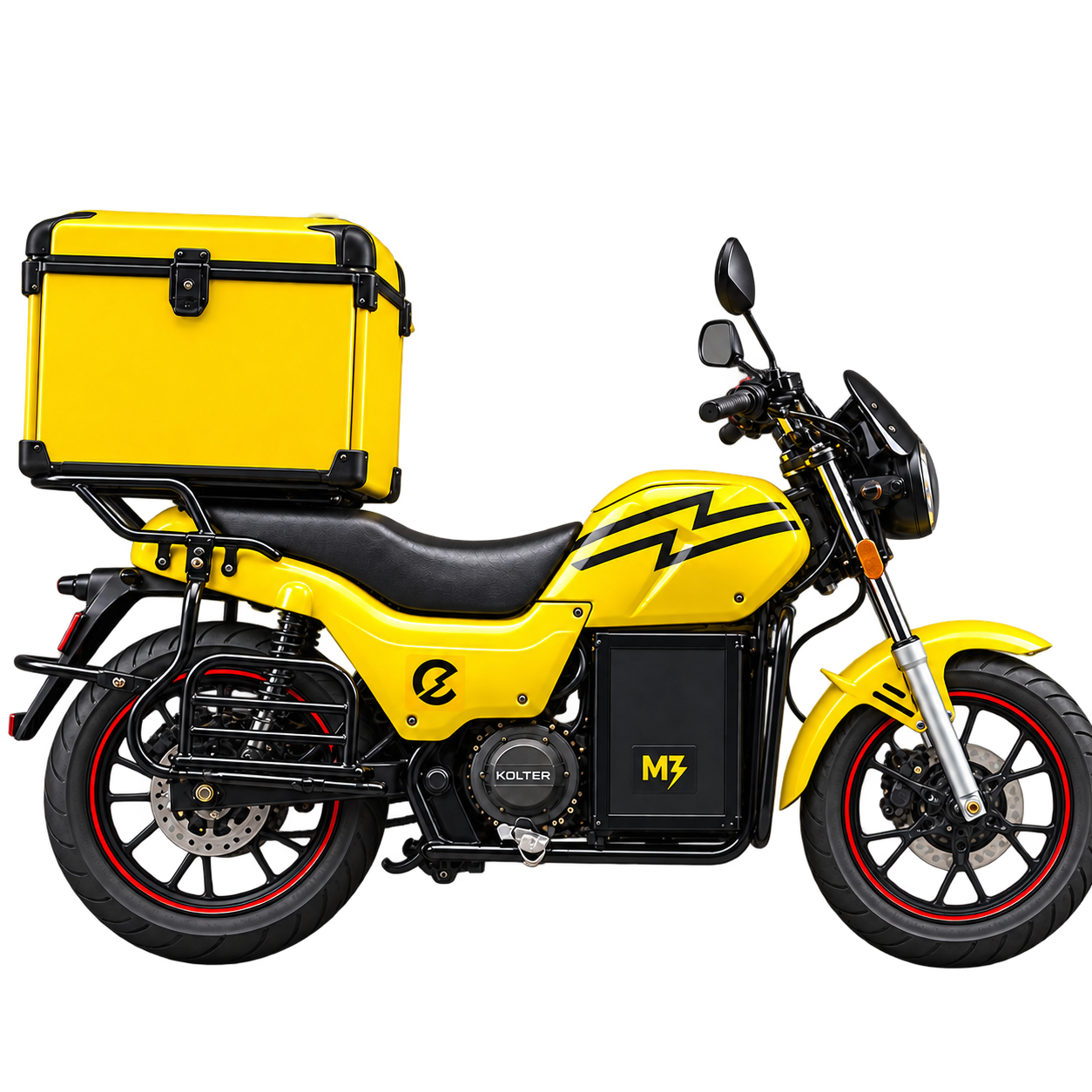 Yellow electric delivery motorcycle with a cargo box