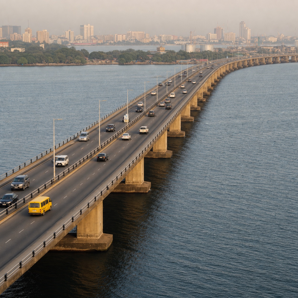 Morning traffic crossing Third Mainland Bridge over Lagos Lagoon