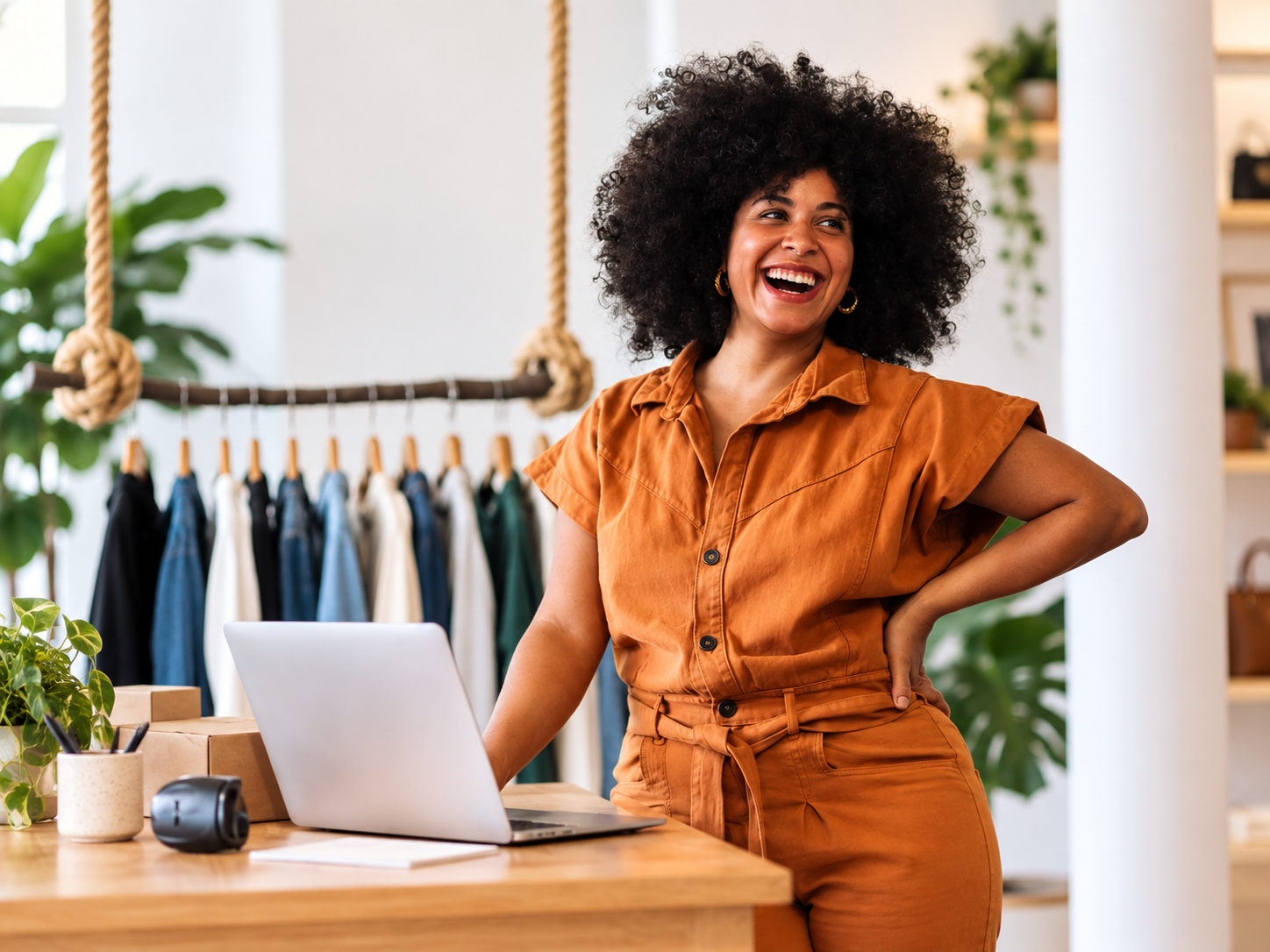 Boutique owner smiling beside her laptop
