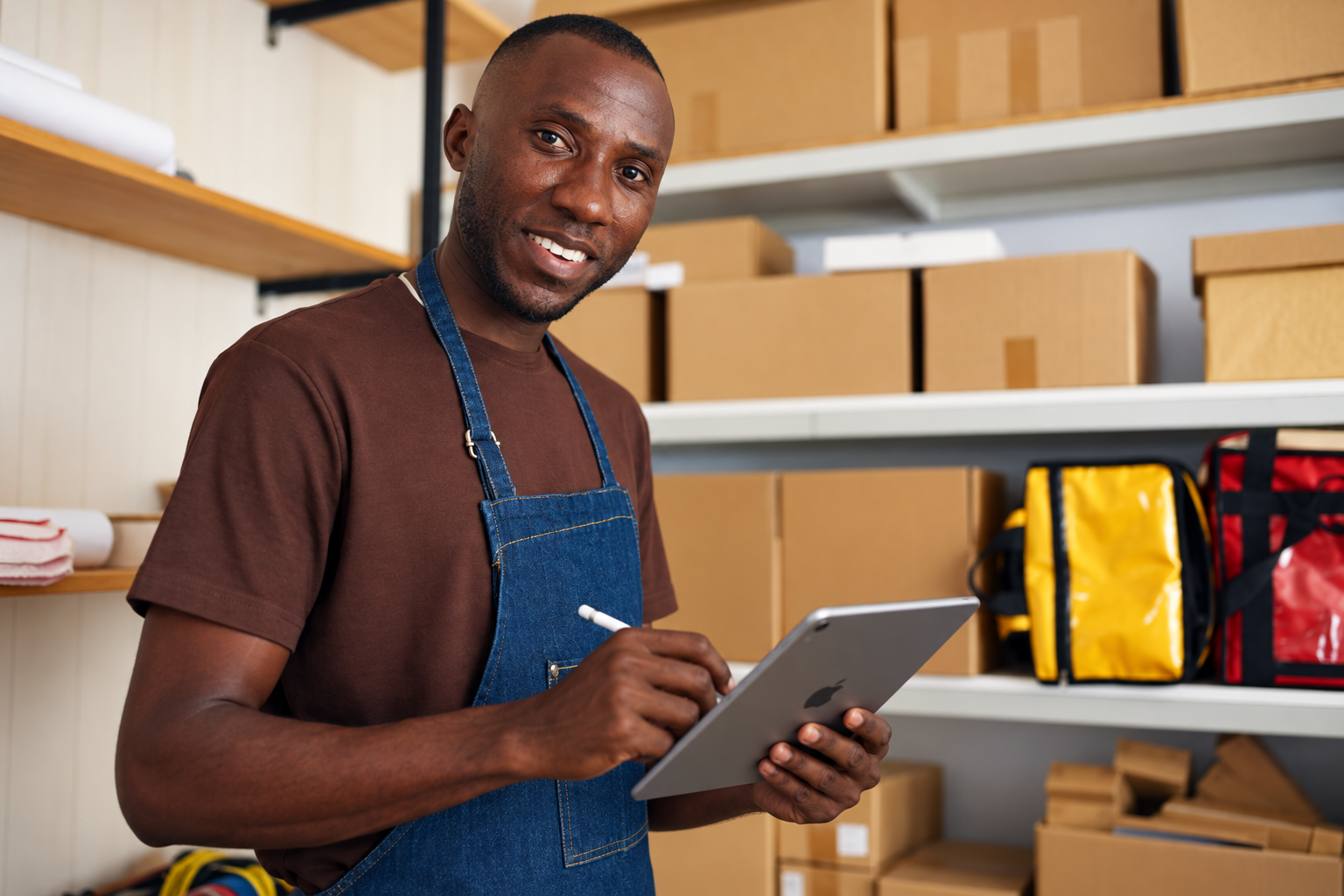 Business owner working with packages in a warehouse